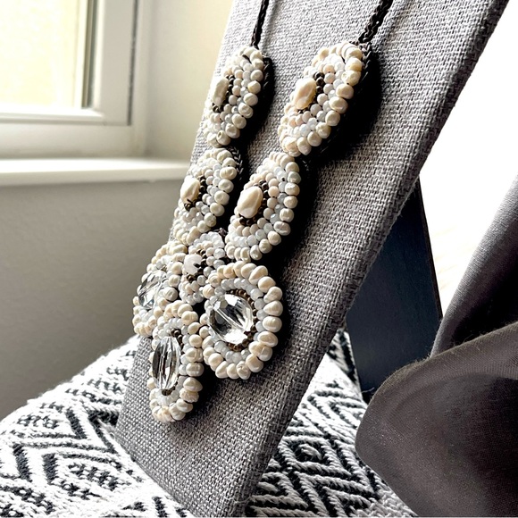 Mosaic Semi-Precious Stones Large White Bib Handmade 16" - 18" Necklace - Picture 15 of 15